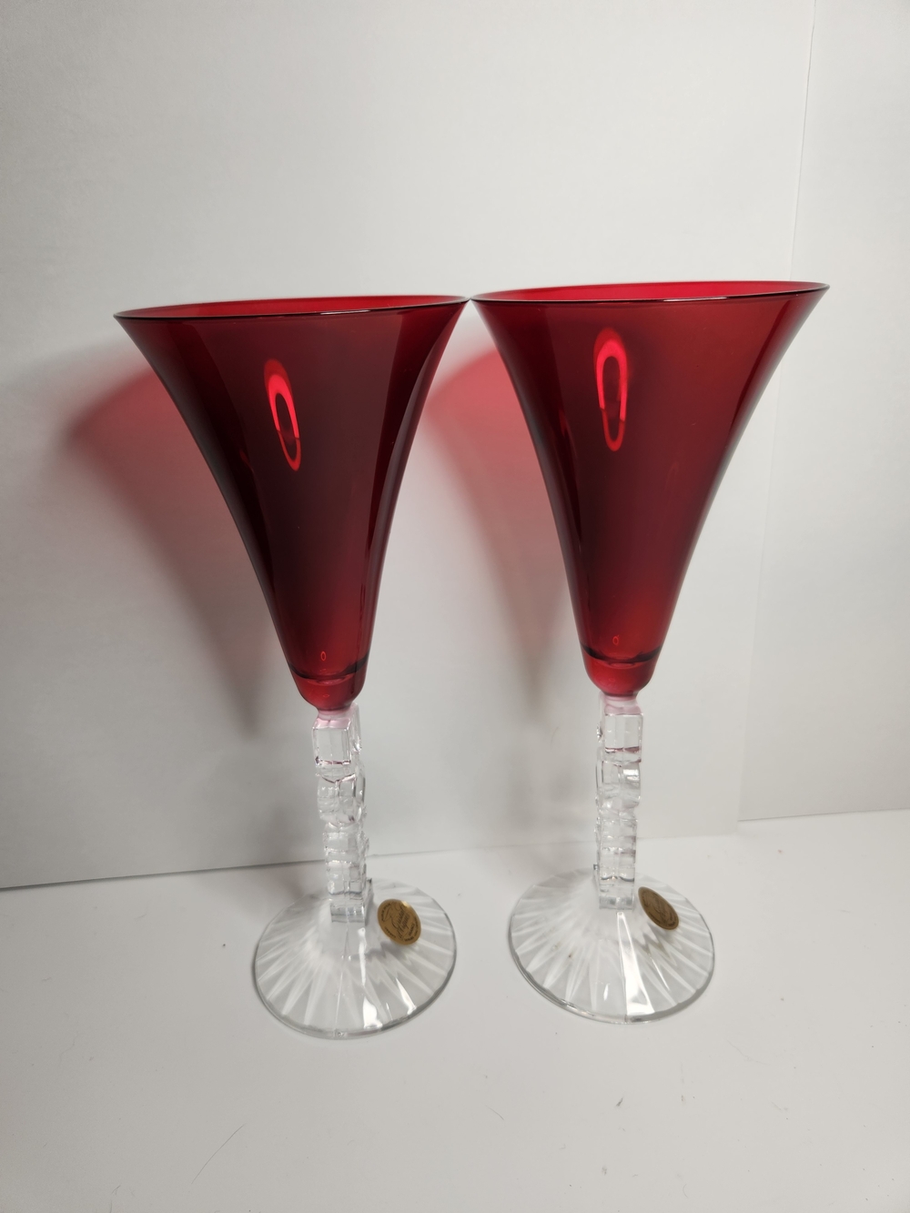 Elegant Red Crystal Martini Glasses with Clear Faceted Stems (Set of 2)